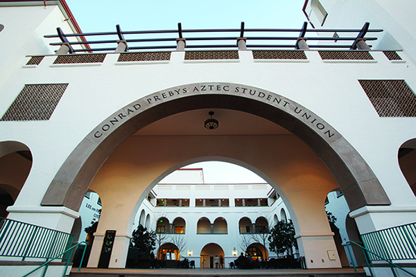 The walkway into the Conrad Prebys Aztec Student Union.