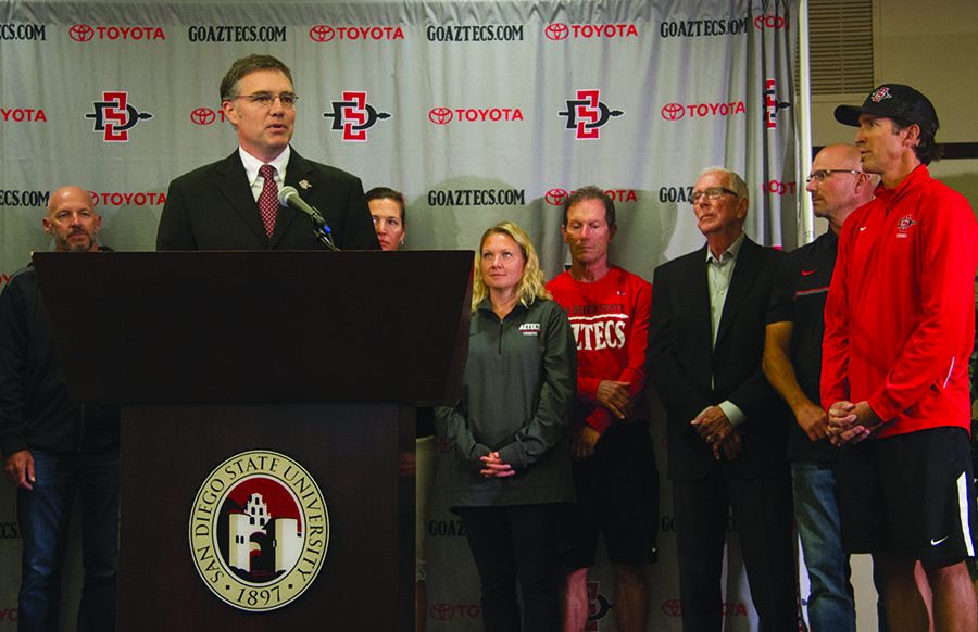 San Diego State AD John David Wicker addresses the crowd at his introductory press conference.