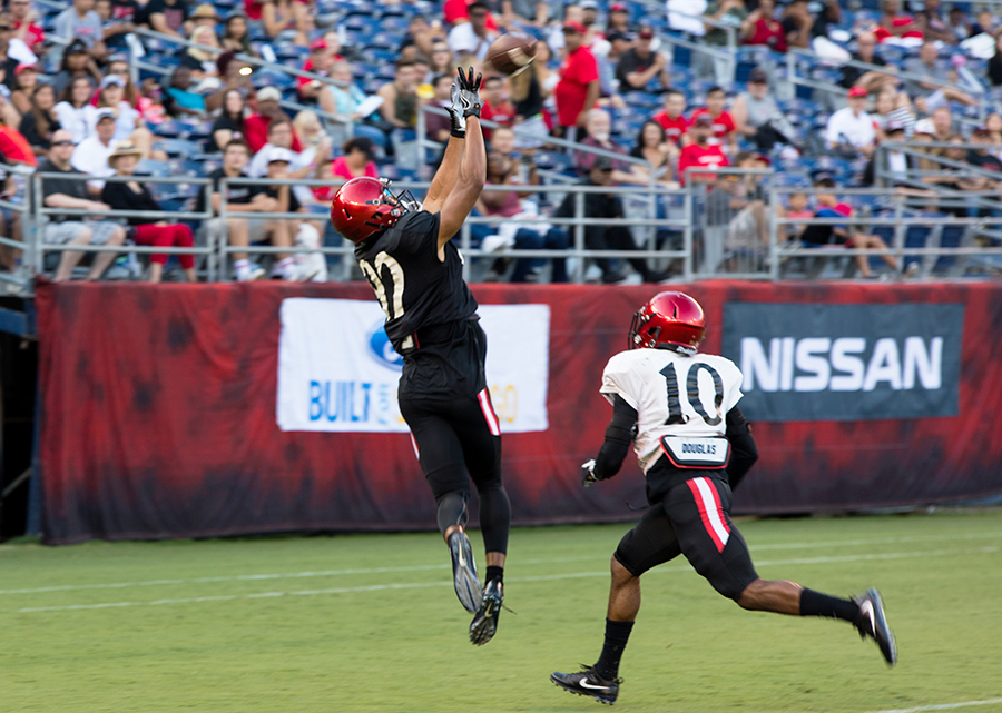 Redshirt freshman receiver Isiah Macklin hauls in a touchdown reception during SDSUs Fan Fest.