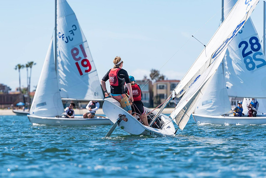 Newt Cutcliffe completes a roll tacking maneuver in windy sailing conditions at the South Designate last March. 