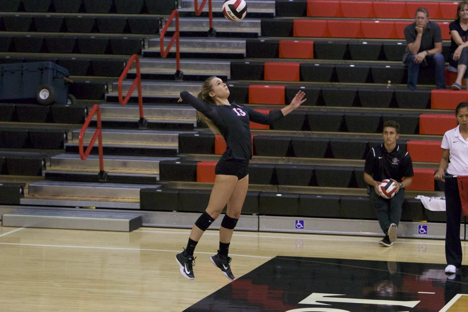 Senior libero Devyn Pritchard rises for a serve during SDSU's loss to Loyola Marymount on Sept. 8.