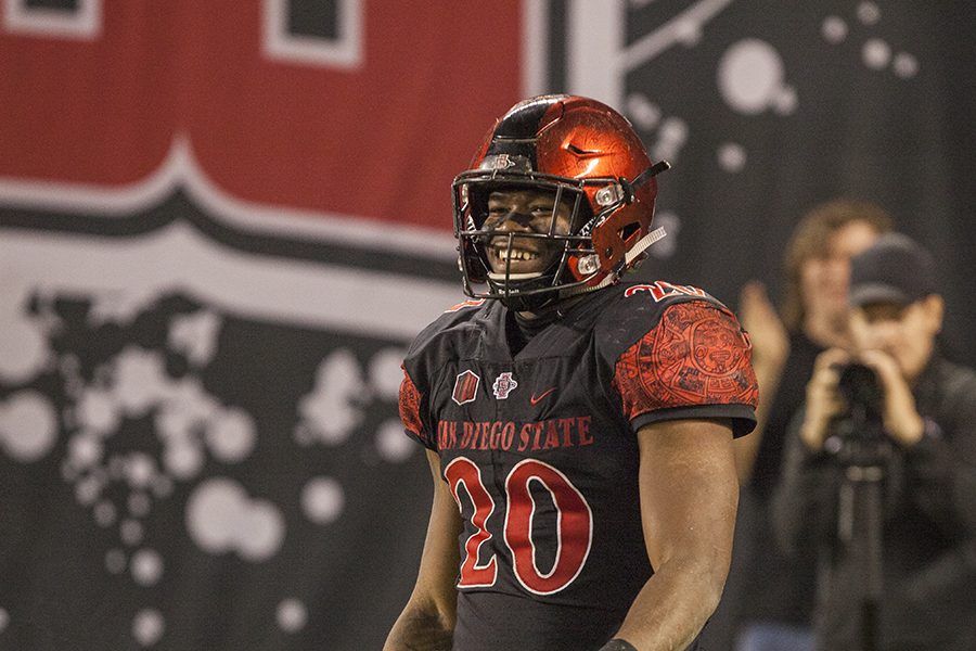 Rashaad Penny is all smiles during the Aztecs 42-23 victory over Nevada on Nov. 18 at SDCCU Stadium. 