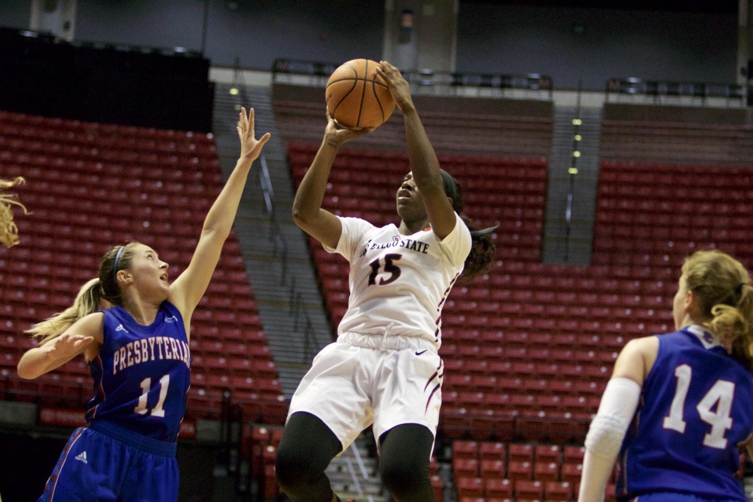 Senior guard McKynzie Fort rises for a jump shot during SDSU's win over Presbyterian.