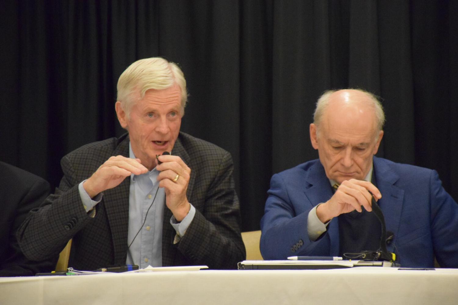 David Kilgour and David Matas during a panel on human organ trafficking at the Parma Payne Goodall Alumni Center on Nov. 2. Matas and Kilgour are the co-authors of two reports and a book on the state of organ trafficking in China.