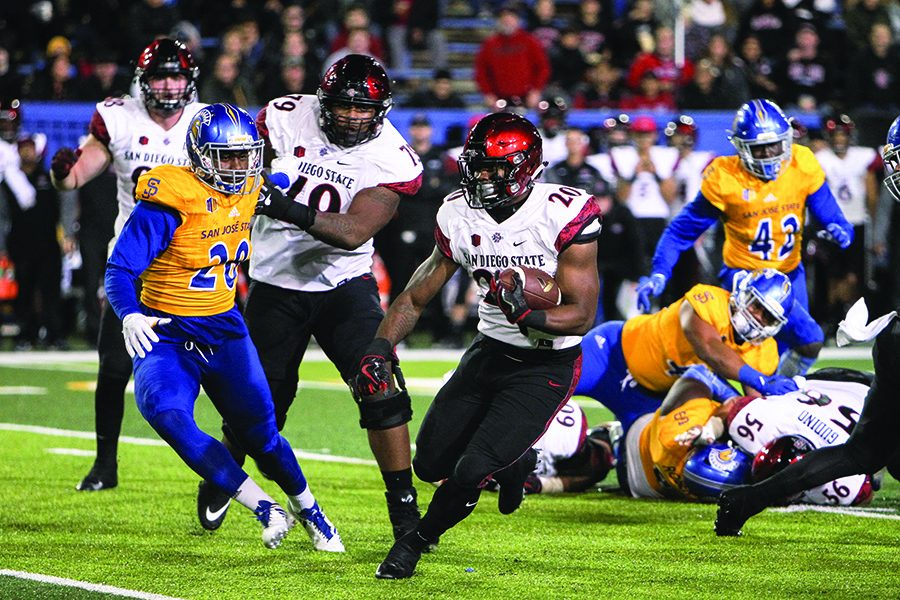 Senior running back Rashaad Penny cuts into the open field on his way to a touchdown in the third quarter of SDSU’s 52-7 win over San Jose State on Nov. 4.