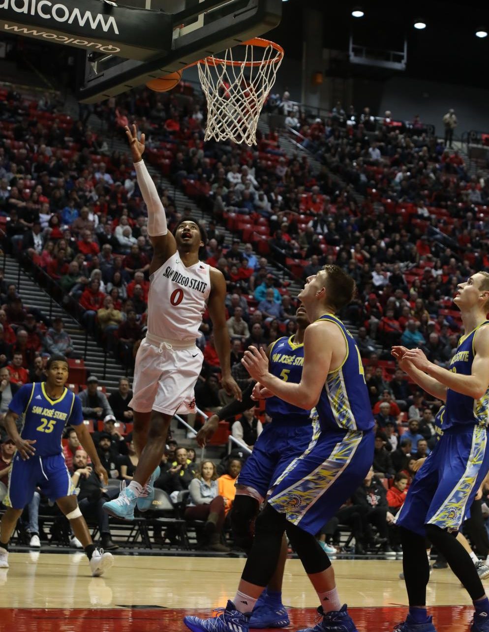 Devin Watson goes up for a layup during the Aztecs 85-49 victory over San Jose State University on Jan. 9 at Viejas Arena.