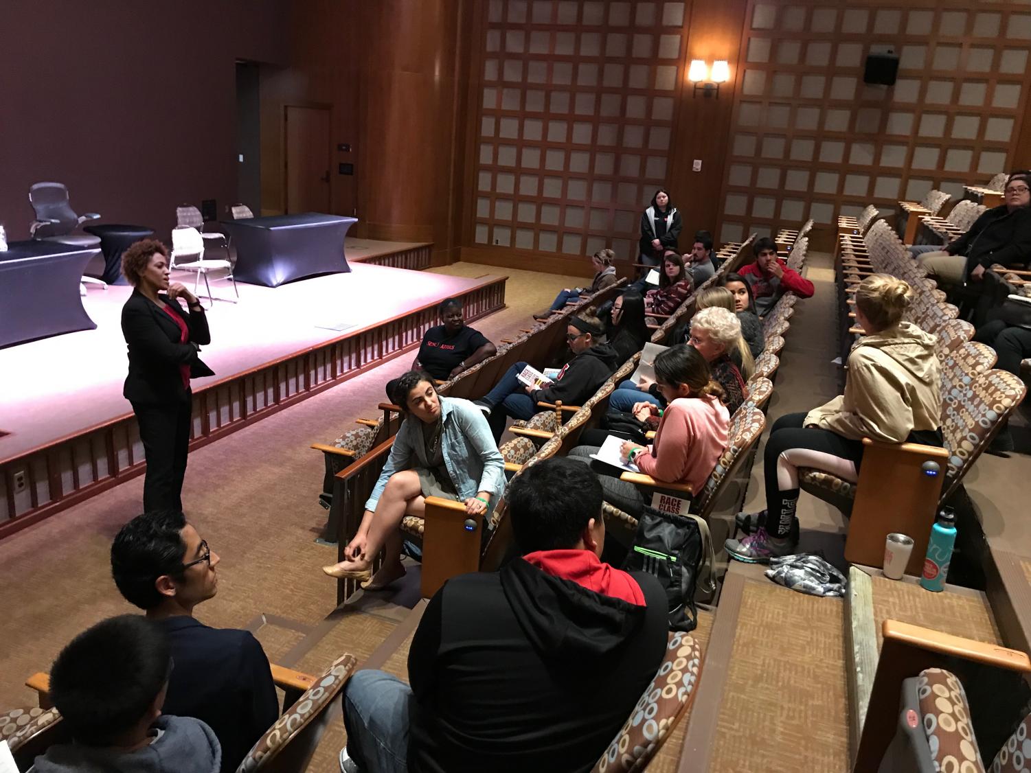 Managing producer and director of “Defamation” Kimm Beavers addresses the audience in a post-performance discussion.