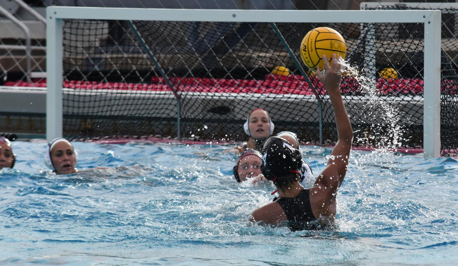 Freshman driver Karli Canale prepares to pass the ball during the Aztecs 5-2 loss against Loyola Marymount University on March 9 at the Aztec Aquaplex.