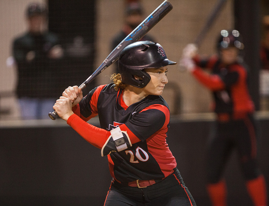 Shelby Thompson stands ready at the plate during the Aztecs 6-2 victory over Colorado State on April 28 at SDSU Softball Stadium.