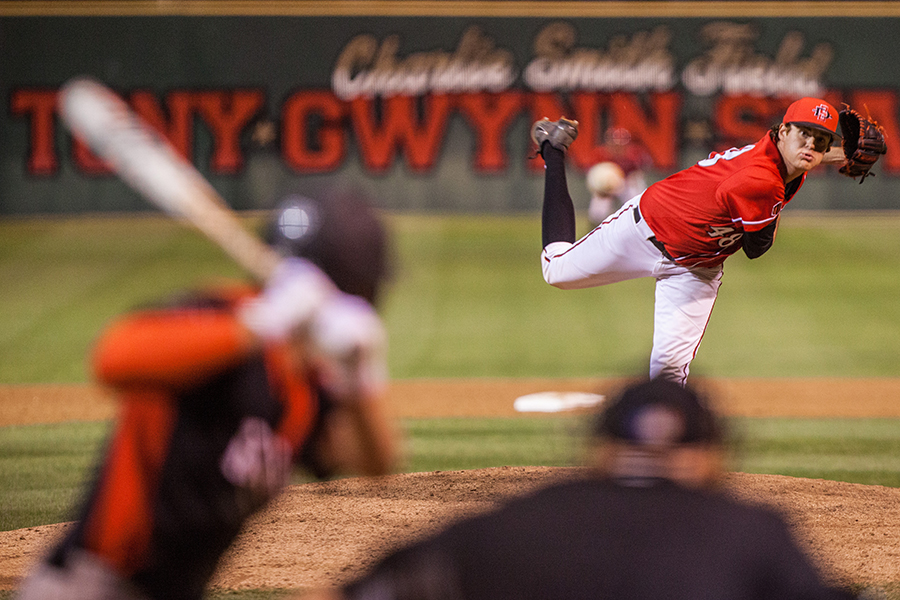 Justin Goossen-Brown pitches during the Aztecs 7-6 victory over UNLV on April 28 at Tony Gwynn Stadium.