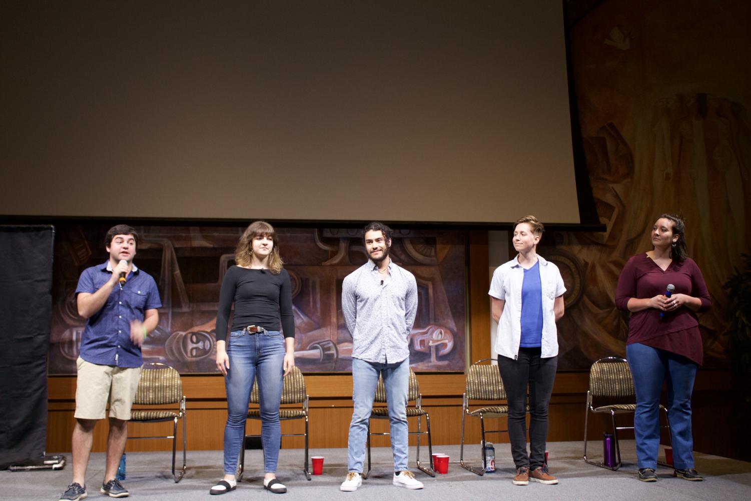 David Picariello, Francesca Morabito, Mario Roberge-Reyes, Megan Mackenzie and Alana Cooper speak at the Speak About It event on April 10 in Montezuma Hall.