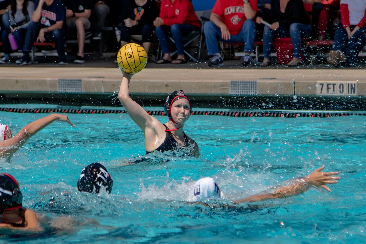 Senior utility player Lizzy Bilz holds the ball during the Aztecs 11-9 victory over Fresno State at the Aztec Aquaplex on April 8.