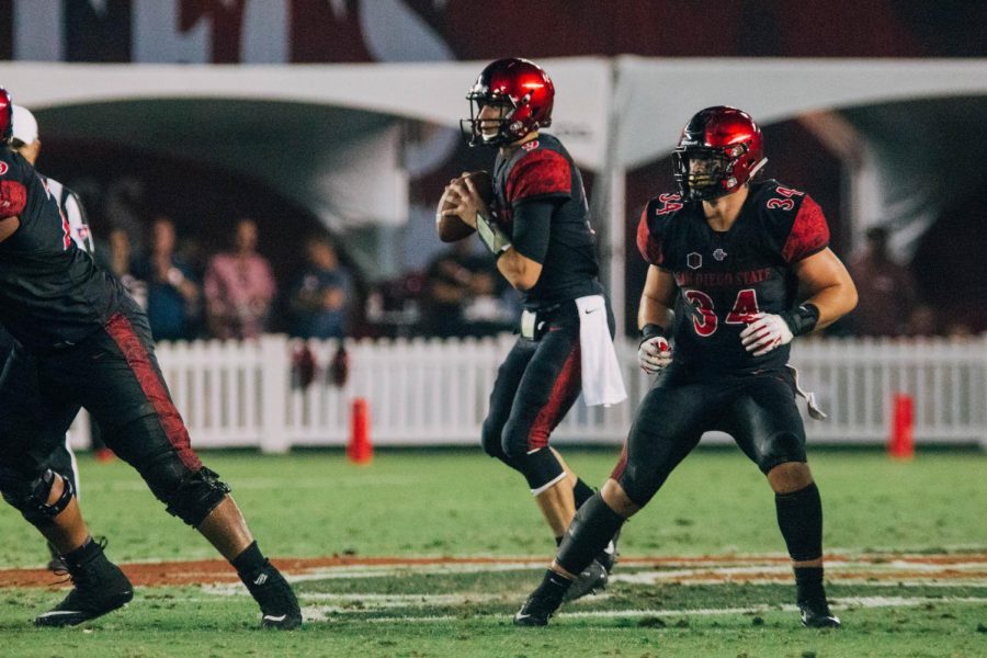 Junior quarterback Ryan Agnew looks to pass during the Aztecs 28-14 victory over Sacramento State on Sept. 8 at SDCCU Stadium.