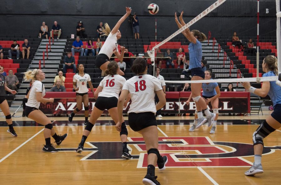 Junior outside hitter Hannah Turnlund finishes off a spike attempt during the Aztecs three-set victory over San Diego on Oct. 2 at Peterson Gym.