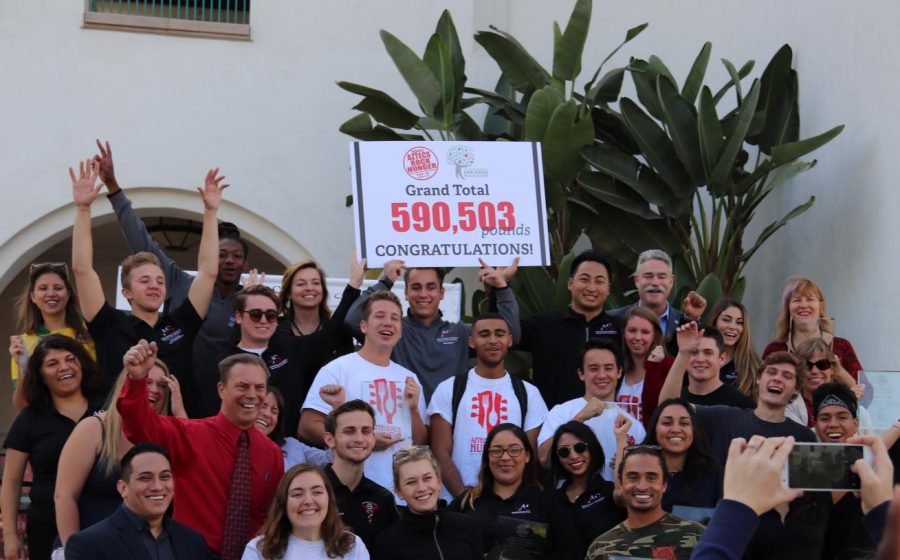 Students, faculty and community members who worked on the Aztecs Rock Hunger celebrated a record number of food donations in the student union on Nov. 15.