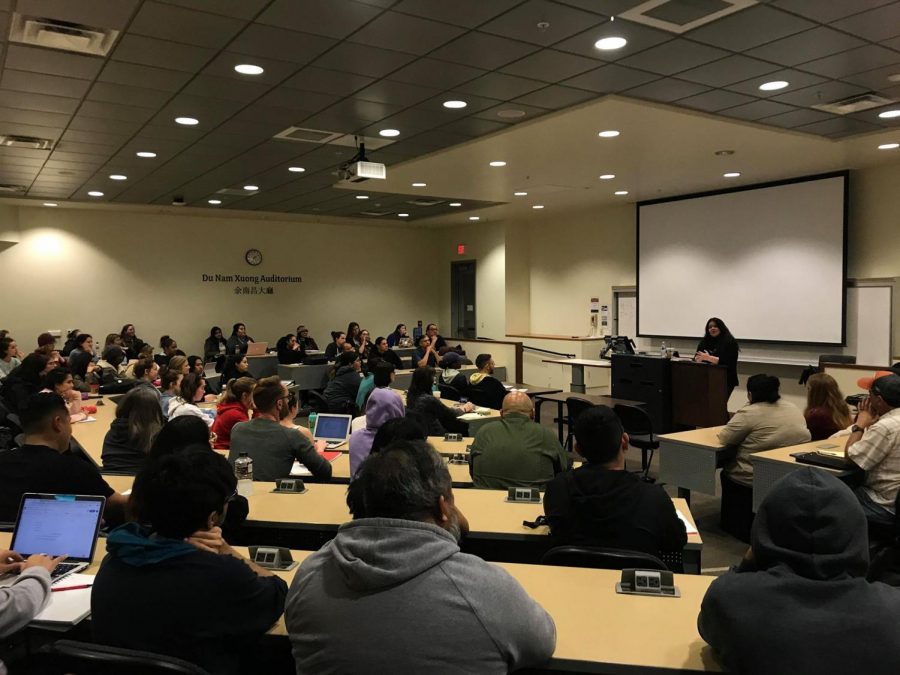Humboldt State University American Indian Studies Department Chair Cutcha Risling Baldy addressed a group about issues of decolonization and the Aztec mascot at a Feb. 20 lecture at SDSU.