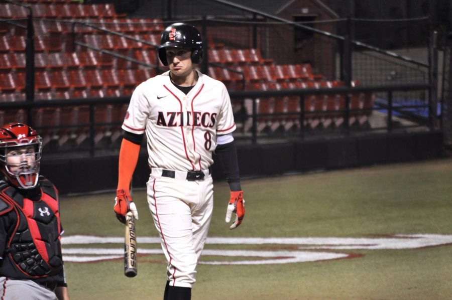 Sophomore infielder Casey Schmitt looks back while at bat during the Aztecs’ 5-1 loss to Texas Tech on March 5 at Tony Gwynn Stadium.