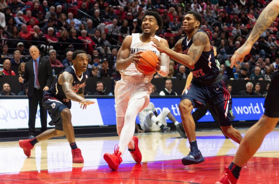 Senior guard Devin Watson drives to the hoop during the Aztecs 76-74 loss to Fresno State on March 6 at Viejas Arena.