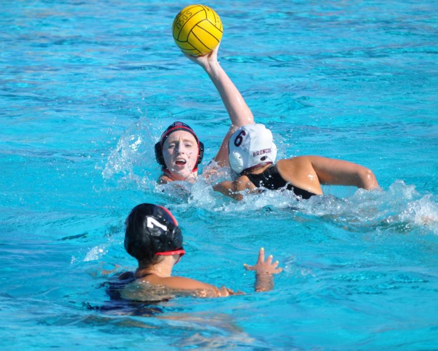 Emily Bennett, during her sophomore season, attempts to pass the ball to utility player Shelby Kraft during the Aztecs 4-1 victory over Santa Clara on March 28, 2019 at the Aztec Aquaplex.