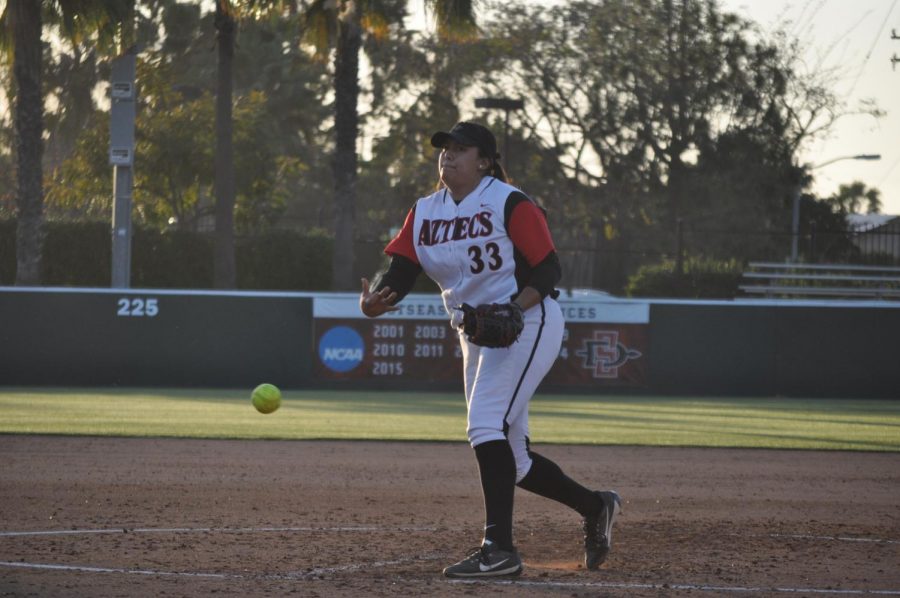 Junior pitcher Marissa Moreno throws from the circle during the Aztecs 2-1 victory over Cal Baptist on April 23 at the SDSU Softball Stadium.