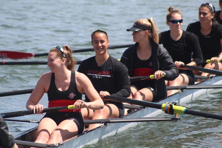 The Aztecs open eight crew prepares to compete during the San Diego Crew Classic at Mission Bay on April 7.