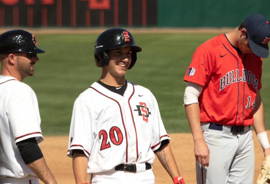 Freshman infielder Michael Paredes smiles during the Aztecs 11-6 victory over Fresno State on March 31 at Tony Gwynn Stadium.