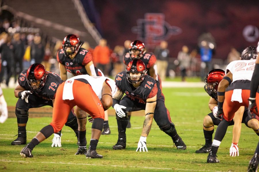 Tyler Roemer (74) lines up against defensive linemen during the Aztecs 27-24 loss to UNLV on Nov. 10, 2018 at SDCCU Stadium.