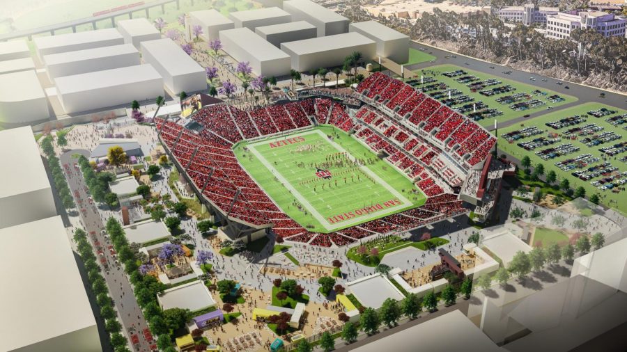 An aerial rendering of SDSUs proposed multi-use stadium at the site of its Mission Valley expansion.