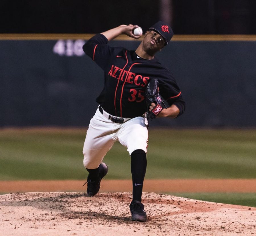 Then-freshman pitcher Aaron Eden throws a pitch during the Aztecs 4-2 loss to the University of San Diego on Feb. 26 at Tony Gwynn Stadium.