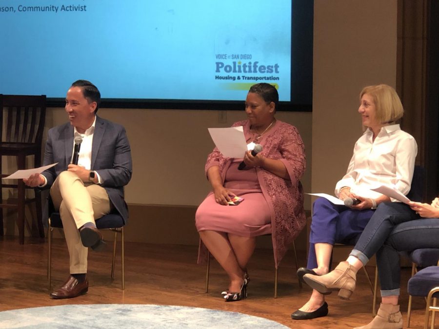 (Left to right) Todd Gloria, Tasha Williamson and Barbara Bry sit alongside one another during a mayoral debate hosted by Voice of San Diego on Oct. 26 at the University of San Diego.