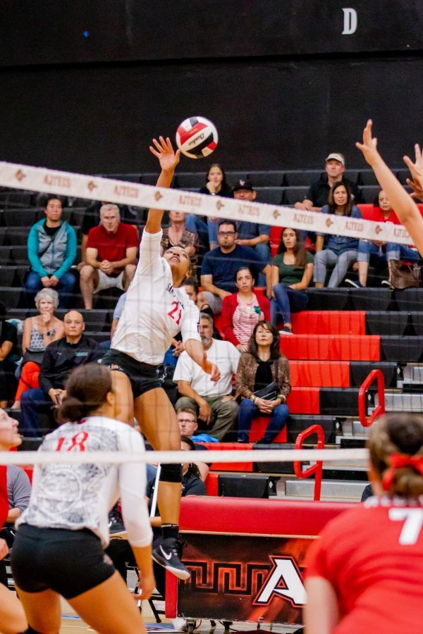 Sophomore outside hitter Victoria OSullivan spikes the ball in the Aztecs 3-1 loss to UNLV on Oct. 3, 2019 at Peterson Gym.