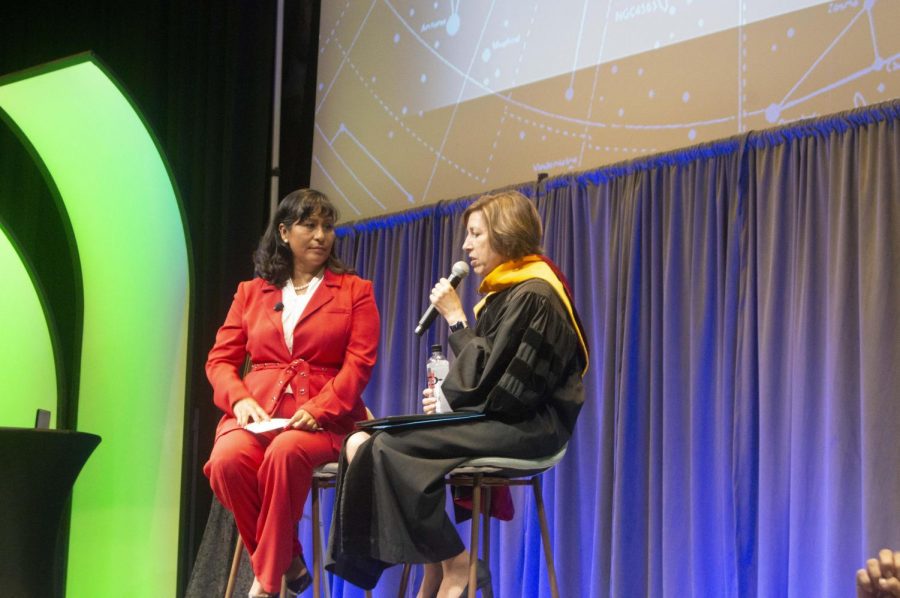 College of Engineering alumna and Solar Turbines, Inc. Manager Daisy Galeana (left) speaks with Dr. Ellen Ochoa (right) at the President’s Lecture Series on Oct. 2.