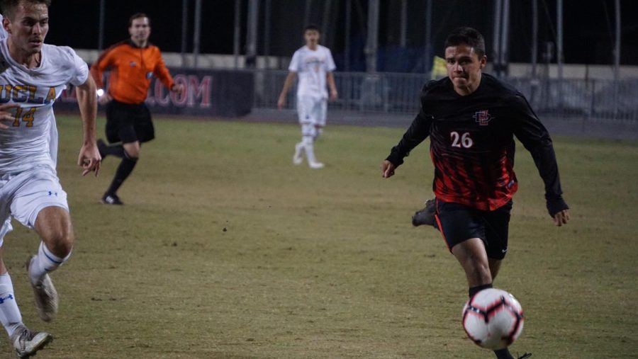 Freshman midfielder Blake Bowen pushes the ball up the field during the Aztecs 1-0 loss to UCLA on Nov. 16 at the SDSU Sports Deck.