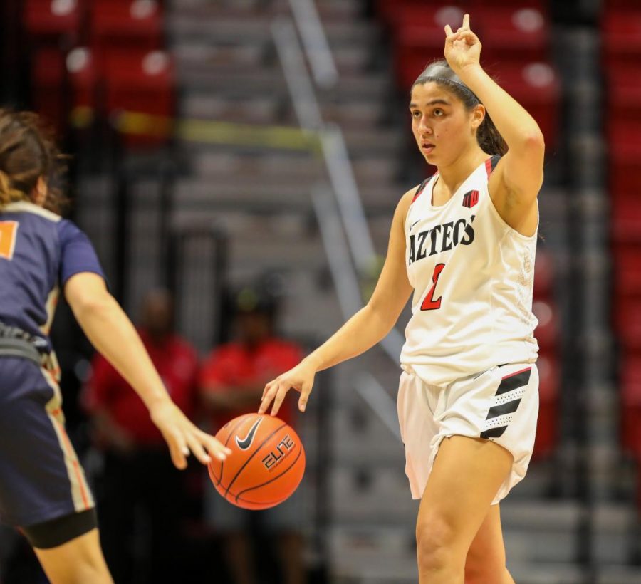 Sophomore guard Sophia Ramos calls a play during the Aztecs’ 55-45 win over Cal State Fullerton on Nov. 17 at Viejas Arena.