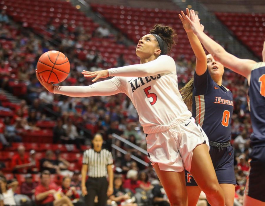 Junior guard Téa Adams goes up for a contested layup during the Aztecs 55-45 victory over Cal State Fullerton on Nov. 17 at Viejas Arena.