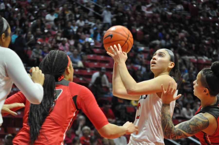 Sophomore guard Sophia Ramos goes in for a floater during the Aztecs 75-74 win over New Mexico on Jan. 29 at Viejas Arena.