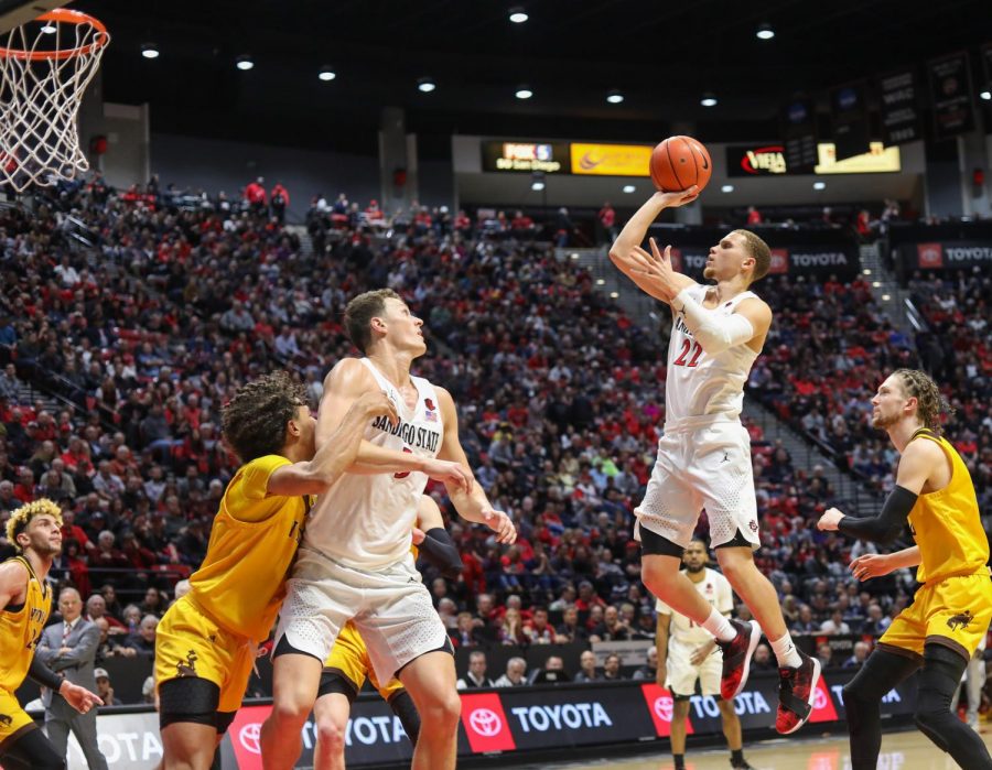 Junior guard Malachi Flynn goes for a floater in the lane during the Aztecs 72-55 win over Wyoming on Jan. 21 at Viejas Arena.