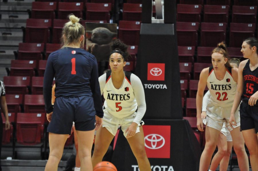 Junior guard Téa Adams looks to defend a Fresno State player during the Aztecs 65-60 loss on Jan. 15 at Viejas Arena.