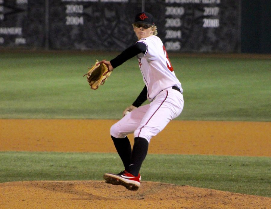 Sophomore pitcher Troy Melton delivers a pitch during the Aztecs 4-2 win over Nebraska on Feb. 22 at Tony Gwynn Stadium.
