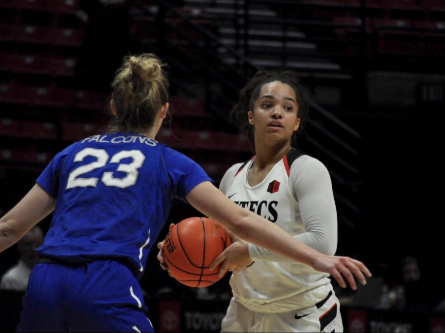 Junior guard Téa Adams looks for an open teammate during the Aztecs 51-49 loss to Air Force on Feb. 8 at Viejas Arena.