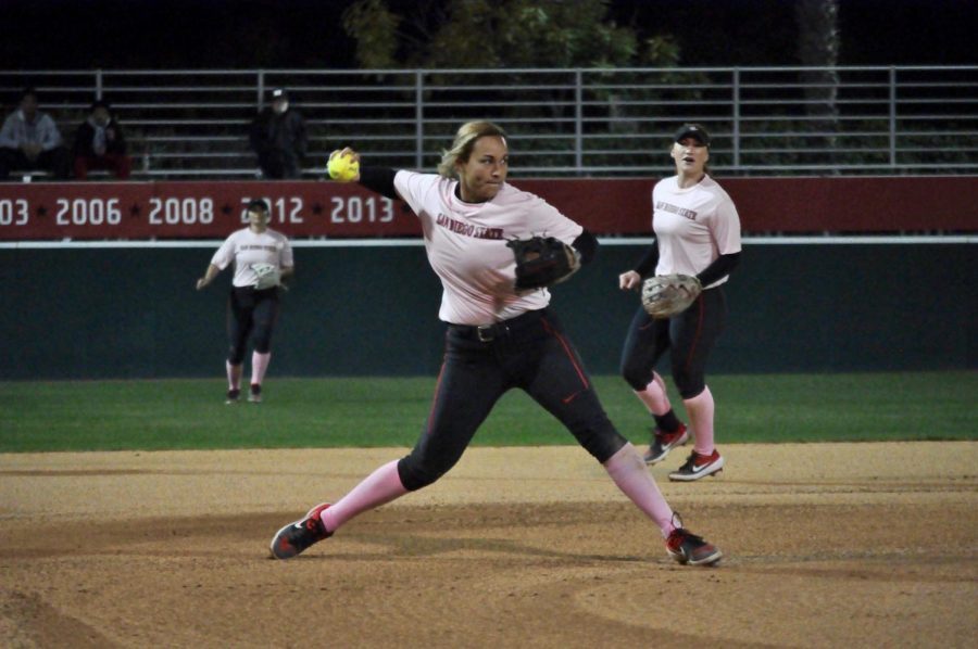 Junior infielder Kelsey Munoz prepares to make a throw to first base during the Aztecs 3-2 victory against Cal State Fullerton on Feb. 14 at SDSU Softball Stadium.