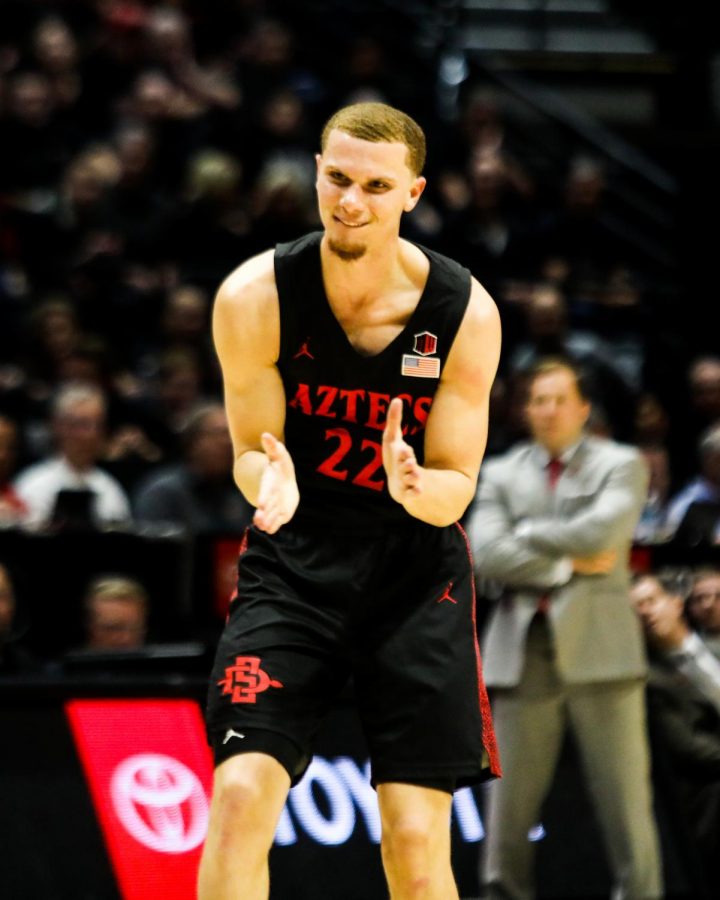 Junior guard Malachi Flynn claps his hands after a play during the Aztecs 66-63 loss to UNLV on Feb. 22 at Viejas Arena.