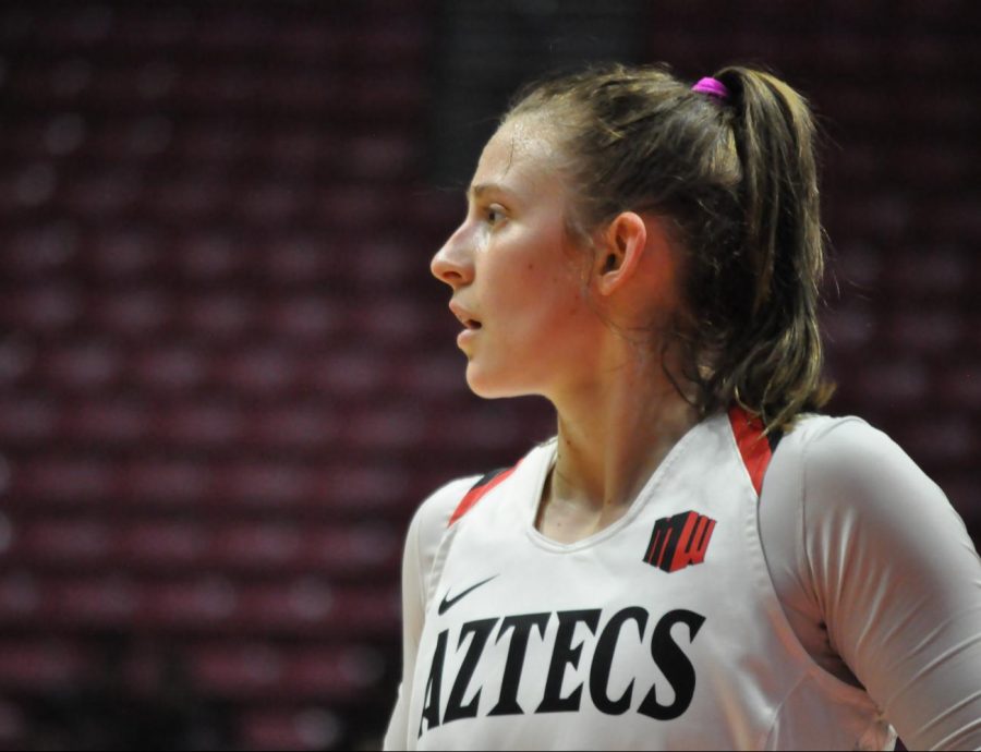 Then-senior guard Taylor Kalmer looks towards the court during the Aztecs 75-74 win over New Mexico on Jan. 29 at Viejas Arena.