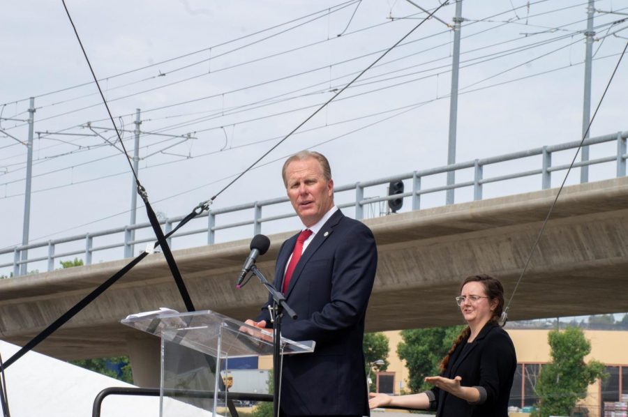 Then-San Diego mayor Kevin Faulconer speaks at the Aug. 17 ground breaking ceremony for Aztec Stadium. 