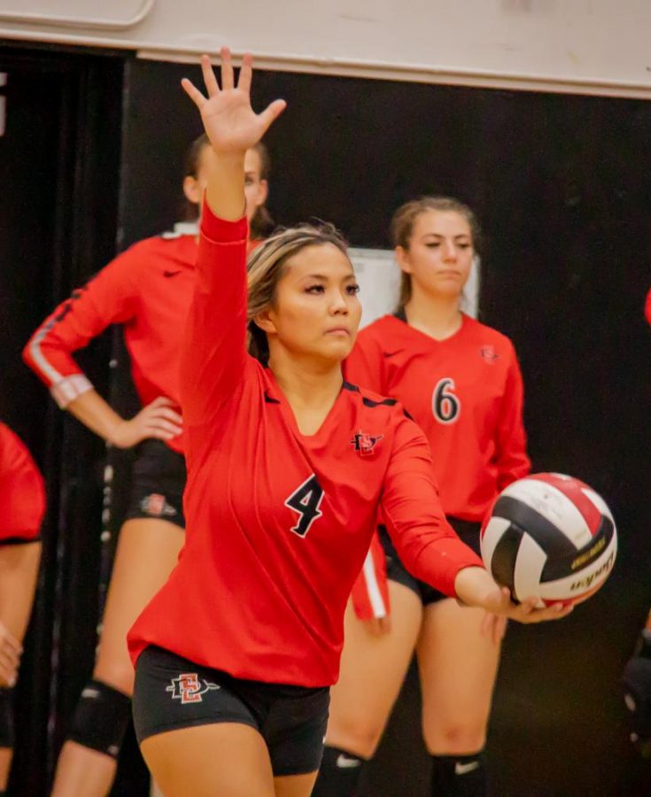 Then-junior defensive specialist/libero Lauren Lee prepares to serve the ball to Arizona during the Aztecs 3-0 loss to the Wildcats on Sept. 7, 2019 at Peterson Gym.
