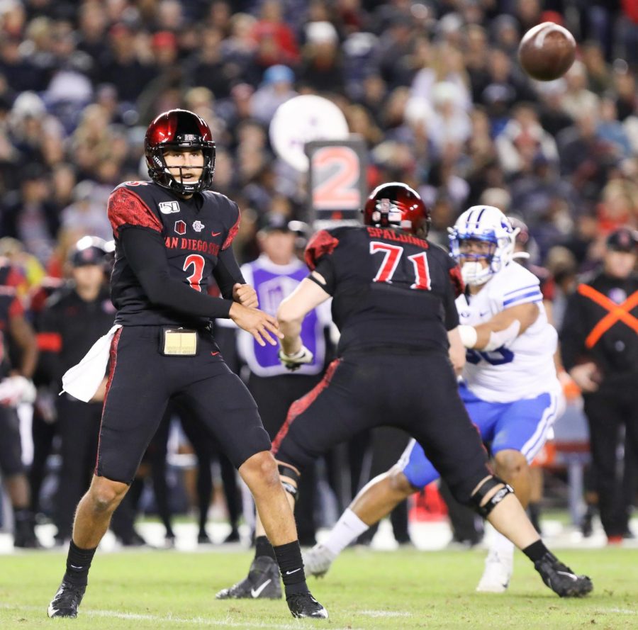 Then-freshman quarterback Carson Baker throws a quick pass during the Aztecs’ 13-3 victory on Nov. 30, 2019 at SDCCU Stadium. Baker is set to make his second-career start against UNLV on Oct. 24.