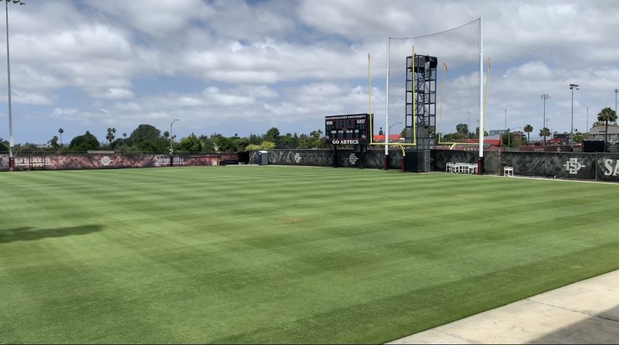 The San Diego State football practice field next to the SDSU Sports Deck was empty on June 7 due to the COVID-19 pandemic. Although football is back, the practice field will be empty yet again on Nov. 3 as student-athletes are encouraged by the NCAA and SDSU to exercise their right to vote.