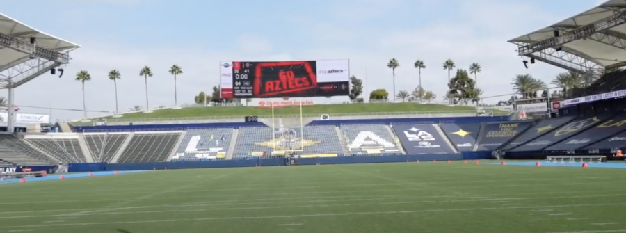 A screengrab of a SDSU Athletics video showing the big screen at Dignity Health Sports Park displays “Go Aztecs” on Oct. 10. The Aztecs later took the field and participated in the team’s annual intrasquad preseason scrimmage, which was closed to the public this year due to COVID-19.