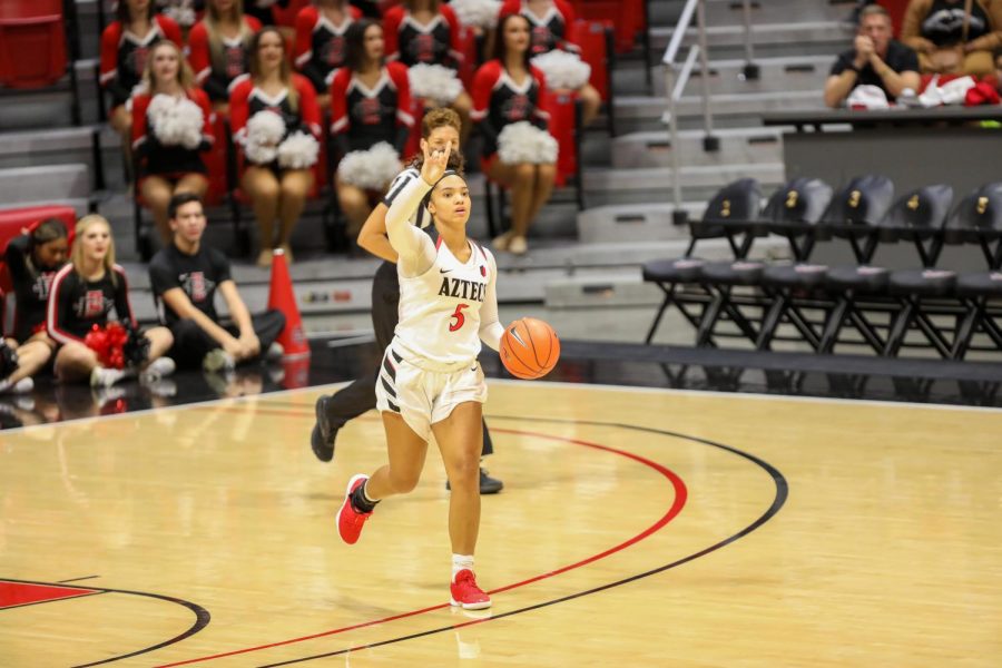 Then-junior guard Téa Adams signals a play to her teammates during the Aztecs 55-45 win over Cal State Fullerton on Nov. 17, 2019 at Viejas Arena.