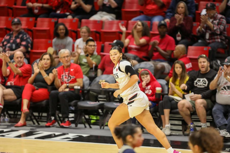 Sophomore forward Mallory Adams jogs down the court after sinking a shot during the Aztecs’ 55-45 win over Cal State Fullerton on Nov. 17, 2019 at Viejas Arena. SDSU president Adela de la Torre (second from left sitting courtside) is seen clapping after the play.